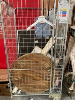 (COLLECTION ONLY) CAGE OF ASSORTED ITEMS TO INCLUDE LARGE WALL CLOCK IN NATURAL/BRASS (CAGE NOT INCLUDED): LOCATION - C1