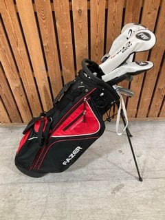 FAZER DRY POCKET GOLF STAND BAG IN BLACK AND RED TO INCLUDE QTY OF ASSORTED FAZER CTR21 GOLF CLUBS: LOCATION - D7