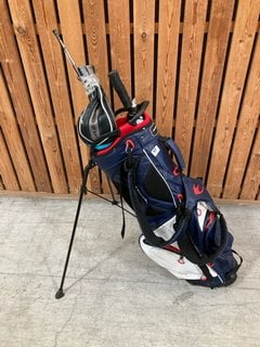 BENROSS GOLF STAND BAG IN NAVY/RED AND WHITE TO INCLUDE QTY OF ASSORTED GOLF CLUBS: LOCATION - D7