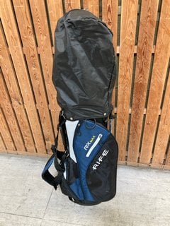 RIFE RX MAX GOLF CADDY BAG IN BLACK AND NAVY TO INCLUDE QTY OF ASSORTED RIFE GOLF CLUBS: LOCATION - D7