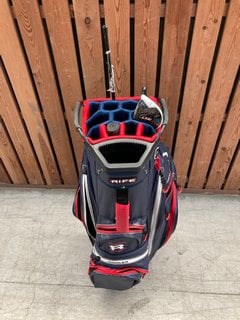 RIFE WATERPROOF DESIGN GOLF CADDY BAG IN NAVY AND RED TO INCLUDE QTY OF ASSORTED GOLF CLUBS: LOCATION - D7