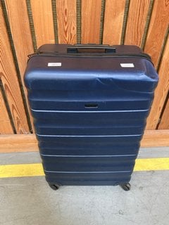 JOHN LEWIS & PARTNERS LARGE HARD SHELL STYLE WHEELED SUITCASE IN METALLIC BLUE: LOCATION - D7