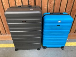 2 X JOHN LEWIS & PARTNERS HARD SHELL STYLE WHEELED SUITCASES IN GUNMETAL AND BLUE : SIZES LARGE AND MEDIUM: LOCATION - D7