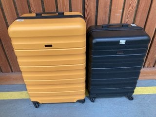 2 X JOHN LEWIS & PARTNERS HARD SHELL STYLE WHEELED SUITCASES IN BLACK AND SAFFRON YELLOW : SIZES LARGE AND MEDIUM: LOCATION - D7