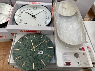 QTY OF ASSORTED JOHN LEWIS & PARTNERS WALL CLOCKS TO INCLUDE SMALL ROUND WALL CLOCK IN POLISHED GREEN MARBLE FINISH: LOCATION - D6