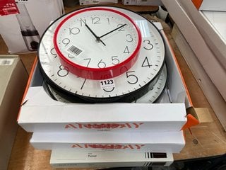 QTY OF ASSORTED JOHN LEWIS & PARTNERS WALL CLOCKS TO INCLUDE SMALL WALL CLOCK IN RED WITH WHITE CLOCK FACE AND BLACK INDEXES: LOCATION - D6