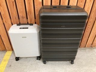 2 X JOHN LEWIS & PARTNERS HARD SHELL STYLE WHEELED SUITCASES IN BLACK AND LIGHT GREY : SIZES LARGE AND SMALL: LOCATION - D6