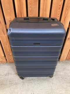 JOHN LEWIS & PARTNERS MEDIUM HARD SHELL STYLE WHEELED SUITCASE IN METALLIC BLUE: LOCATION - D6