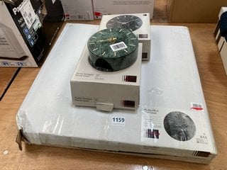 QTY OF ASSORTED JOHN LEWIS & PARTNERS CLOCKS TO INCLUDE MARBLE ANALOGUE STYLE MANTLE CLOCK IN GREEN MARBLE AND BRASS: LOCATION - D6