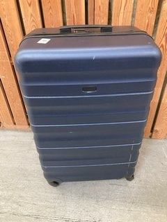 JOHN LEWIS & PARTNERS LARGE HARD SHELL STYLE WHEELED SUITCASE IN METALLIC BLUE: LOCATION - D6