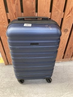 JOHN LEWIS & PARTNERS SMALL HARD SHELL STYLE WHEELED SUITCASE IN METALLIC BLUE: LOCATION - D6