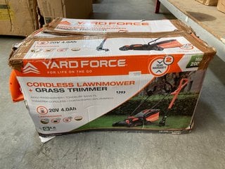 YARDFORCE CORDLESS LAWNMOWER AND GRASS TRIMMER SET IN ORANGE AND BLACK: LOCATION - BR1