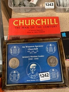 A VINTAGE WINSTON CHURCHILL BOOK AND A FRAMED CHURCHILL CROWN DISPLAY: LOCATION - CR