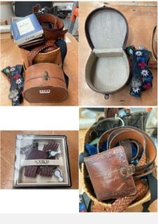 A LEATHER BOX OF MENS VINTAGE CLOTHING TO INCLUDE GLOVES, BRACES AND CUMMERBUNDS: LOCATION - CR