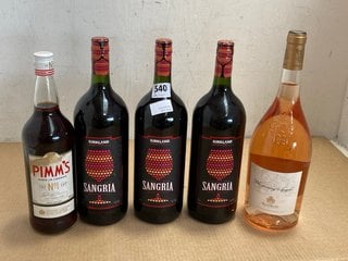 (COLLECTION ONLY) 5 X BOTTLES OF ALCOHOLIC BEVERAGE. TO INCLUDE 3X KIRKLAND SANGRIA 1.5L 5.5%ABV, 1 X WHISPERING ANGEL COTES DE PROVENCE ROSE WINE 1.5L 13%, 1 X BOTTLE OF PIMMS No.1 1L 25% (WE OPERAT