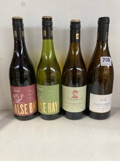 4 X ASSORTED WINES TO INCLUDE DOMAINE JEAN PAUL SANCERRE 12.5% VOL- 750ML TO INCLUDE FALSE BAY BUSH VINE PINOTAGE 14% VOL- 75CL TO INCLUDE UMBRELE SAUVIGNON BLANC 12% VOL - 750ML TO INCLUDE FALSE BAY