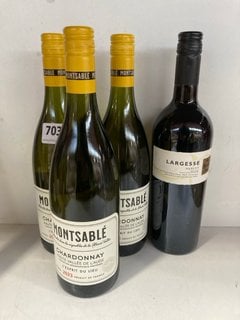 4 X ASSORTED WINES TO INCLUDE 3 X MONTSABLE CHARDONNAY 13% VOL - 750ML TO INCLUDE LARGESSE MERLOT 14% VOL- 75CL (WE OPERATE A CHALLENGE 25 POLICY. 18+ ID MAY BE REQUIRED UPON COLLECTION/DELIVERY, E.G