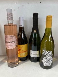 4 X ASSORTED WINES TO INCLUDE TE MERIO SAUVIGNON BLANC 12% VOL - 750ML TO INCLUDE ROSAPASSO BISCARDO ROSE WINE 12% VOL- 750ML TO INCLUDE EL CAMARON ALBARAINO 12.5% VOL TO INCLUDE MAS MACIA CAV 12% VO