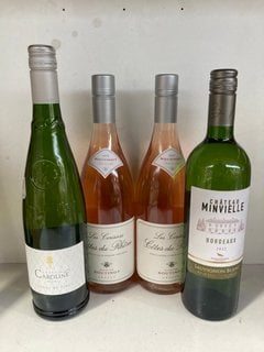 4 X ASSORTED WINES TO INCLUDE 2 X CHÂTEAU MINVIELLE BORDEAUX SAUVIGNON BLANC 13% VOL - 750ML TO INCLUDE CUVEE CAROLINE PICPOUL DE PINET 12.5% VOL - 750ML TO INCLUDE LES CERISIERS CÔTES DU RHONE ROSÉ