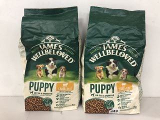 2X BAGS OF JAMES WELLBELOVED PUPPY FOOD UP TO 6 MONTHS 2KG LAMB AND RICE FLAVOUR (BB:09/24)