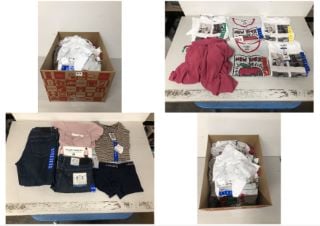 BOX OF CLOTHING IN VARIOUS SIZES & DESIGNS