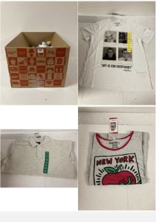 BOX OF CLOTHING IN VARIOUS SIZES & DESIGNS