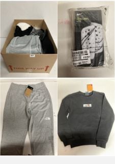 BOX OF PREMIUM CLOTHING IN VARIOUS SIZES & DESIGNS TO INCLUDE THE NORTH FACE JOGGERS IN GREY