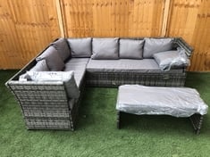 5 SEATER CORNER RATTAN SOFA IN MIXED GREY TO INCLUDE CUSHIONED FOOTSTOOL IN GREY