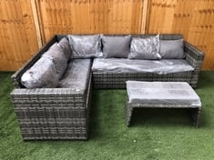 5 SEATER CORNER RATTAN SOFA IN MIXED GREY TO INCLUDE CUSHIONED FOOTSTOOL IN GREY