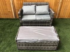 2 SEATER RATTAN GARDEN SOFA WITH CUSHIONED FOOTSTOOL IN MIXED GREY