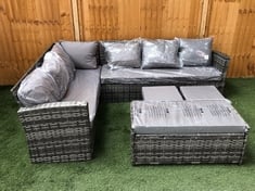 5 SEATER CORNER RATTAN SOFA IN MIXED GREY TO INCLUDE 3 X CUSHIONED FOOTSTOOL IN GREY