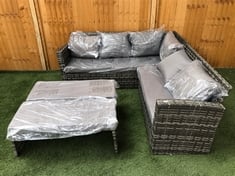 4 SEATER CORNER RATTAN SOFA IN MIXED GREY TO INCLUDE 2 X CUSHIONED FOOTSTOOL IN GREY