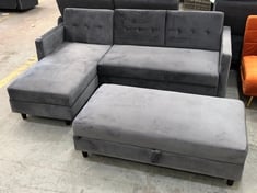 3 SEATER SOFA WITH CHAISE END IN DARK GREY VELVET TO INCLUDE LARGE STORAGE FOOTSTOOL IN DARK GREY VELVET