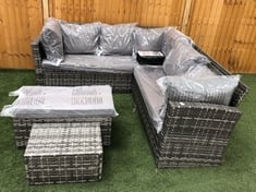 MIXED GREY RATTAN CORNER GARDEN SOFA TO INCLUDE RATTAN STORAGE BENCH & SMALL STOOL WITH GREY CUSHIONS (KERBSIDE PALLET DELIVERY)