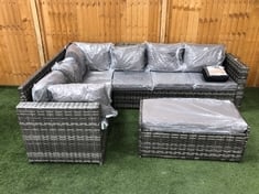 MIXED GREY RATTAN CORNER GARDEN SOFA TO INCLUDE RATTAN BENCH WITH GREY CUSHIONS (KERBSIDE PALLET DELIVERY)