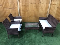 2 SEATER RATTAN GARDEN SOFA IN BROWN TO INCLUDE 2 X RATTAN GARDEN CHAIRS IN BROWN TO INCLUDE GLASS TOP RATTAN GARDEN COFFEE TABLE IN BROWN (KERBSIDE PALLET DELIVERY)