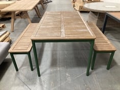 DARK WOODEN EFFECT / FOREST GREEN GARDEN DINING TABLE AND BENCH SET (KERBSIDE PALLET DELIVERY)