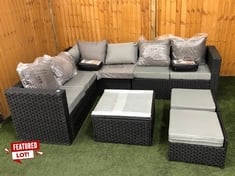 2 SEATER, CORNER, 3 SEATER RATTAN GARDEN SOFA TO INCLUDE 2 X CUSHIONED FOOTSTOOLS WITH GLASS TOP COFFEE TABLE IN BLACK / GREY