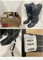 BOX OF ASSORTED ITEMS TO INCLUDE BARBOUR DOUBLE STRAP PLATFORM SANDALS IN BROWN UK SIZE 8