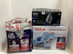 3 X ASSORTED IRONS TO INCLUDE TEFAL EXPRESS ESSENTIAL SV6115GO STEAM GENERATOR IRON - RRP £149