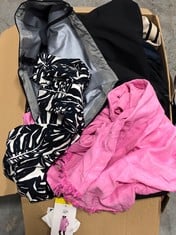 BOX OF ASSORTED ADULTS CLOTHING TO INCLUDE DKNY SPORT WOMEN'S LOGO BREW SWEATER IN PINK SIZE L