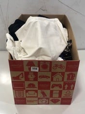 BOX OF ASSORTED ADULTS CLOTHING TO INCLUDE DKNY JEANS WOMEN'S DENIM JEANS IN WHITE - SIZE 10/14