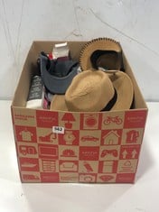 BOX OF ASSORTED ITEMS TO INCLUDE SOLAR ESCAPE FEDORA HAT - NATURAL/BLACK