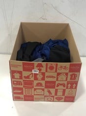 BOX OF ASSORTED ADULTS CLOTHING TO INCLUDE CHAMPION ELITE MEN'S WATERPROOF JACKET IN DARK GREY/BLACK SIZE M