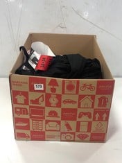 BOX OF ASSORTED ADULTS CLOTHING TO INCLUDE KIRKLAND MEN'S COMMUTER PANTS IN BLACK - SIZE 34X34