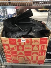 BOX OF ASSORTED ADULTS CLOTHING TO INCLUDE WOMEN'S BLACK CROPPED LEATHER JACKET IN UK SIZE 14