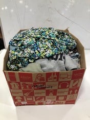 BOX OF ASSORTED ADULTS CLOTHING TO INCLUDE MULTI COLOUR FLORAL DRESS UK SIZE 16