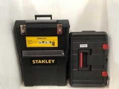 STANLEY MOBILE WORK CENTER WITH METAL LATCHES 55.1L TO INCLUDE KETER STACK N' ROLL MODULAR STORAGE SYSTEM