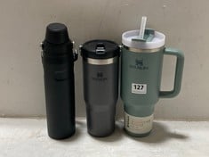 3 X ASSORTED STANLEY DRINK TUMBLERS/FLASK TO INCLUDE STANLEY QUENCHER H2.0 TUMBLER SAGE GREEN