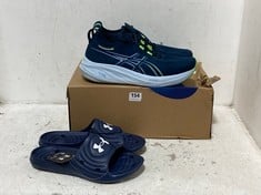 ASICS GEL-NIMBUS 26 TRAINERS NAVY/LIME SIZE 12 TO INCLUDE UNDER ARMOUR SLIDE NAVY SIZE 8